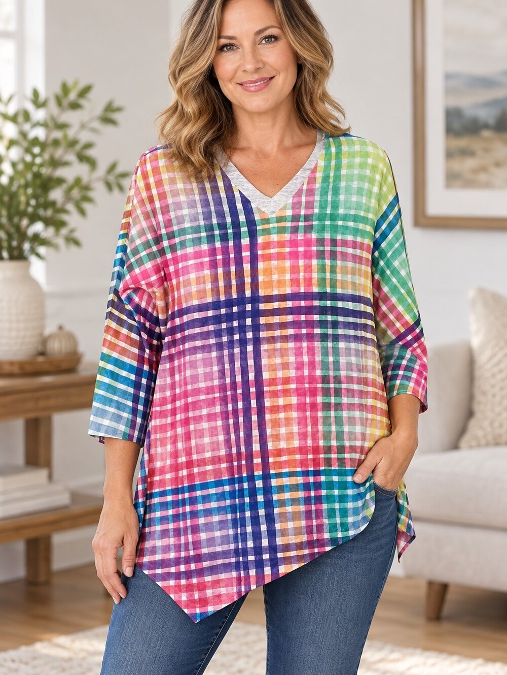 Et'Lois Plaid Asymmetric Hem V-Neck Tunic Top L